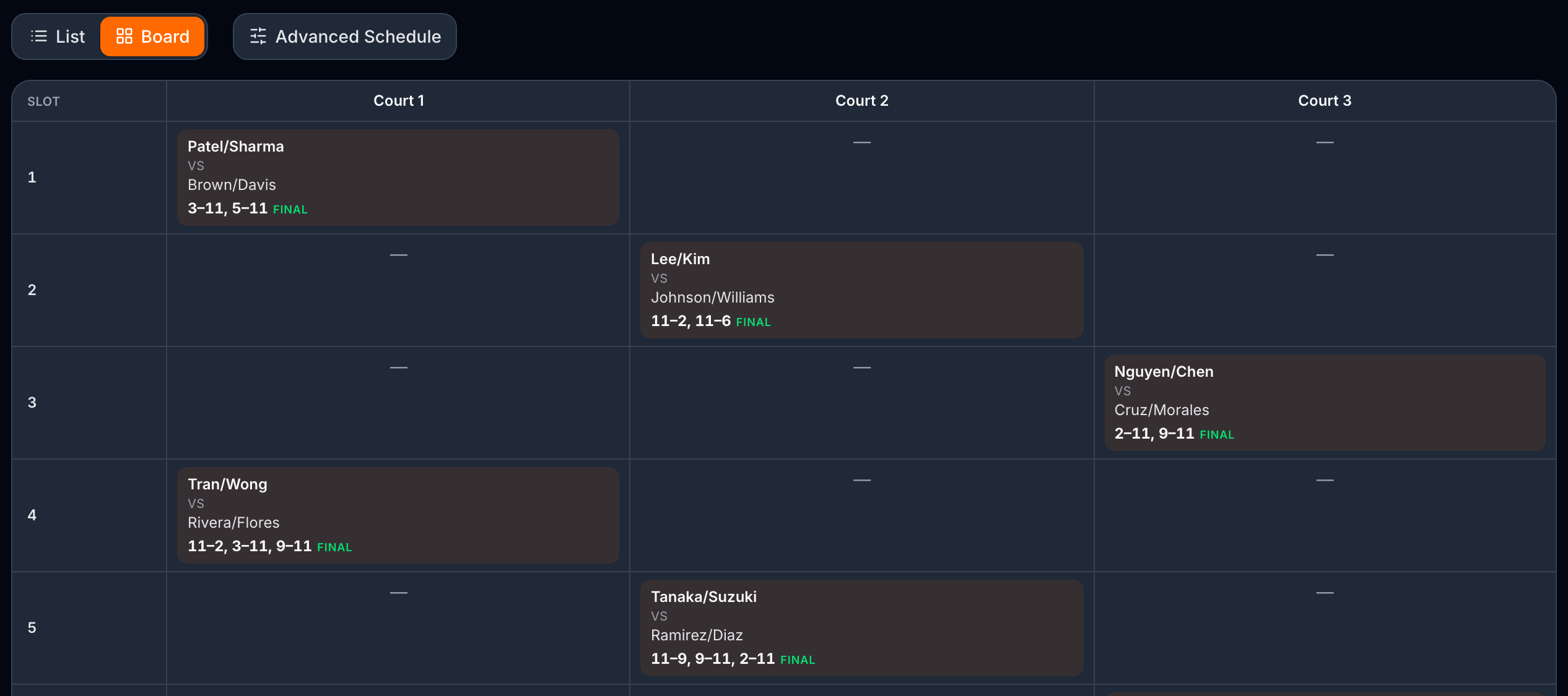 AllScorer tournament schedule with courts and match times