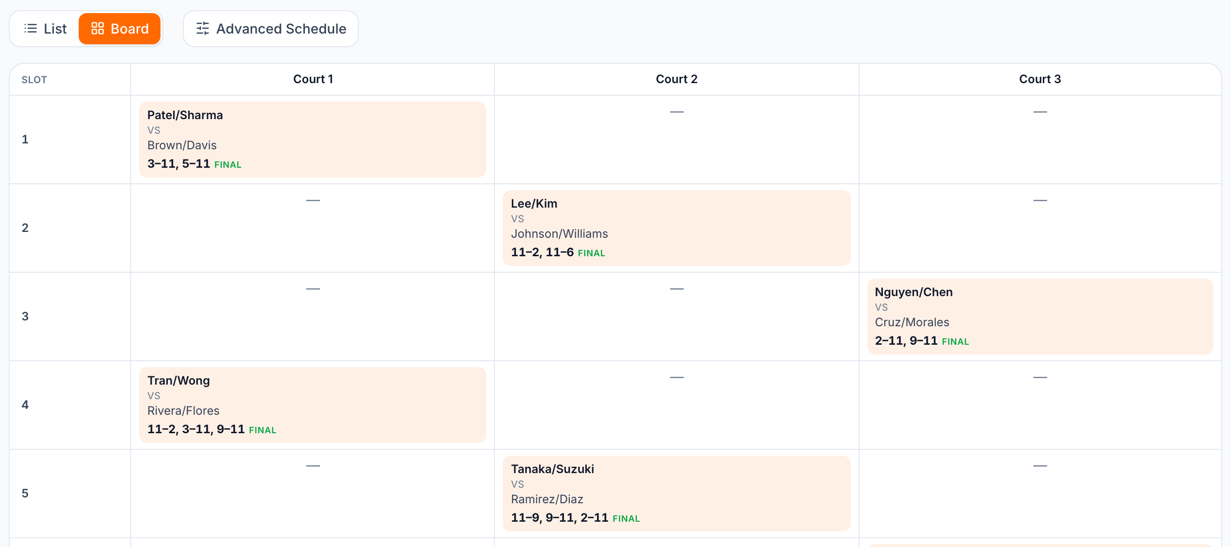 AllScorer tournament schedule with courts and match times